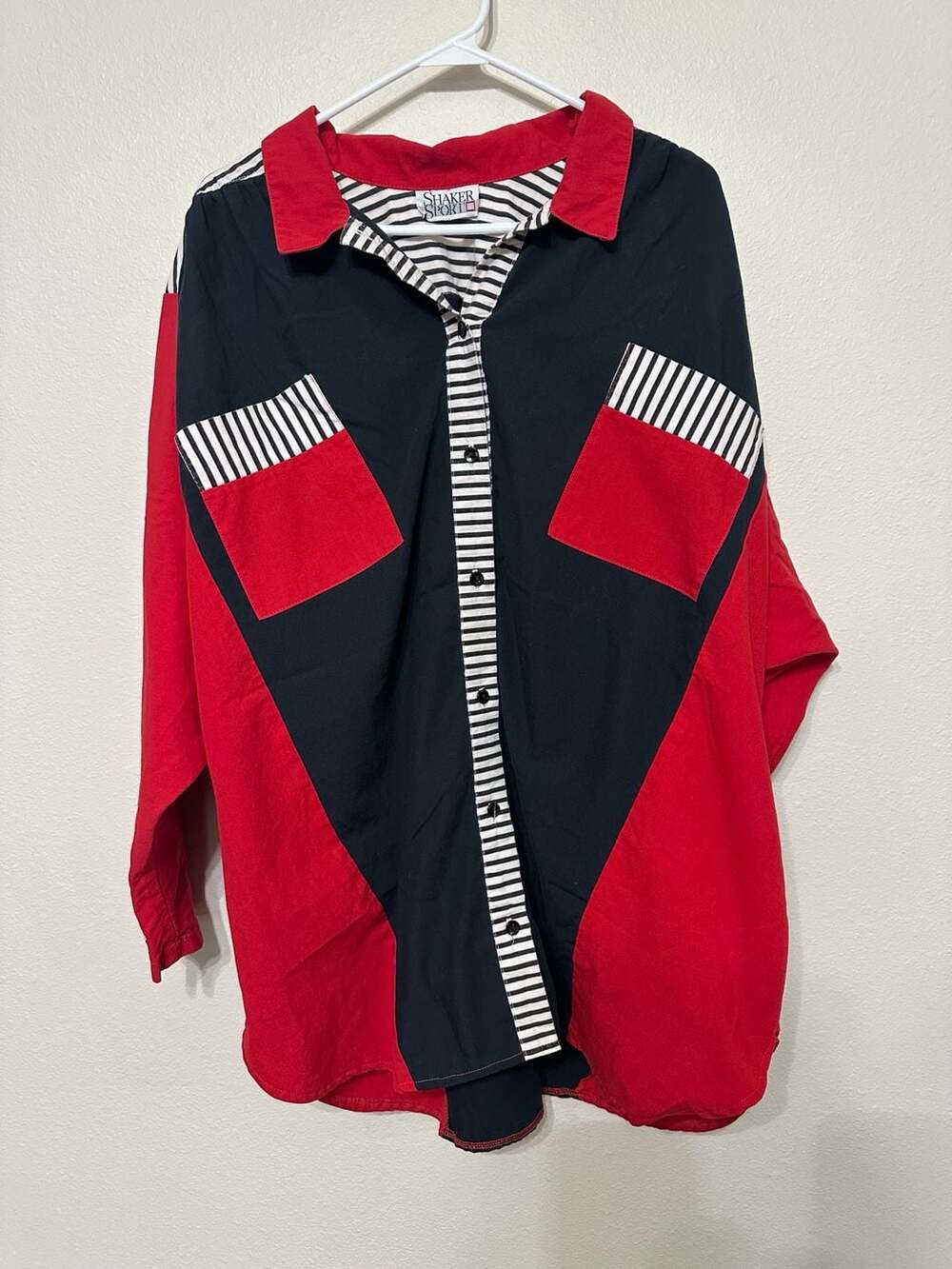 Vintage Shaker Sport Oversized Colorblock Shirt Red Black Striped Button Up